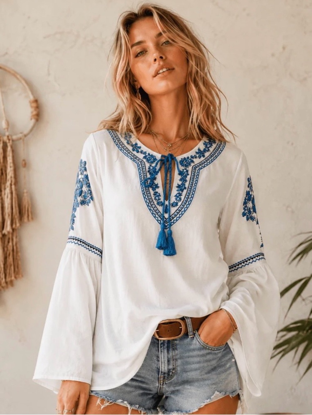 Embroidered Boho Peasant Top with Blue Tassel Tie
